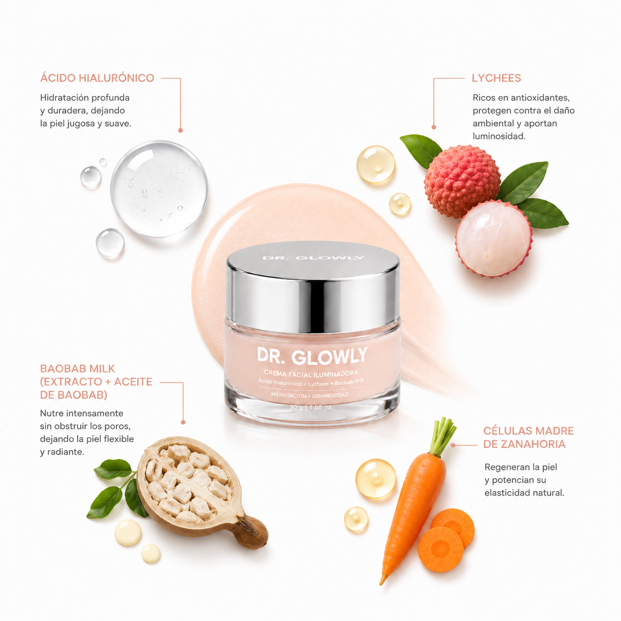 Crema Hidratante Iluminadora  Ácido Hialurónico + Baobab Milk + Lychees