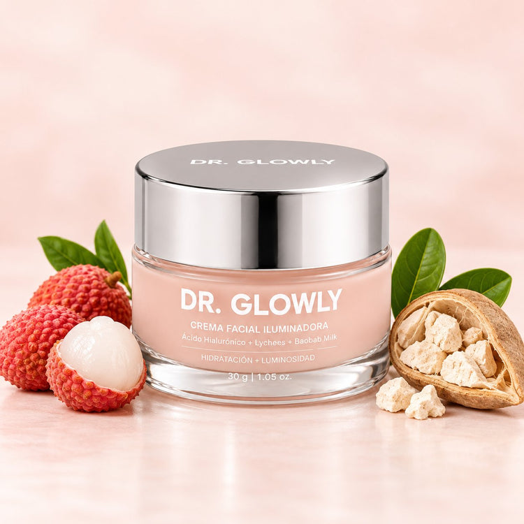 Crema facial Dr. Glowly con lychees y baobab en fondo rosa suave