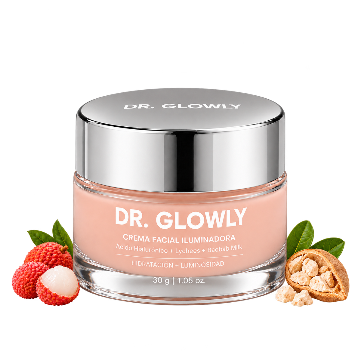 Crema Hidratante Iluminadora  Ácido Hialurónico + Baobab Milk + Lychees