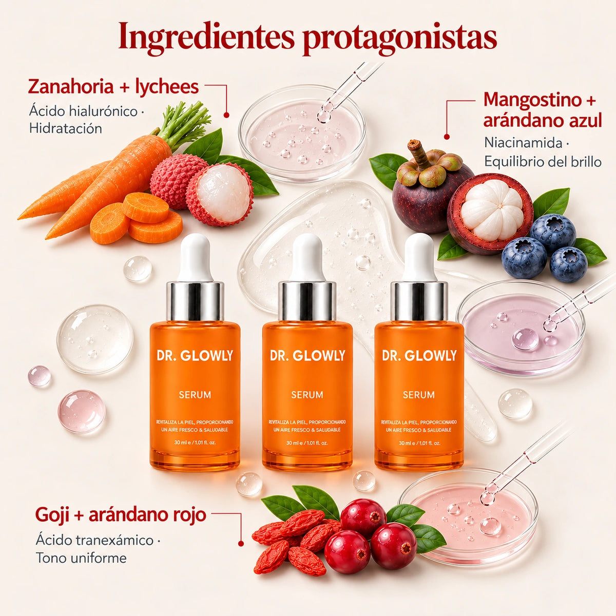 Kit 3 Sérums Faciales Zanahoria, Goji y Mangostino — Ingredientes protagonistas