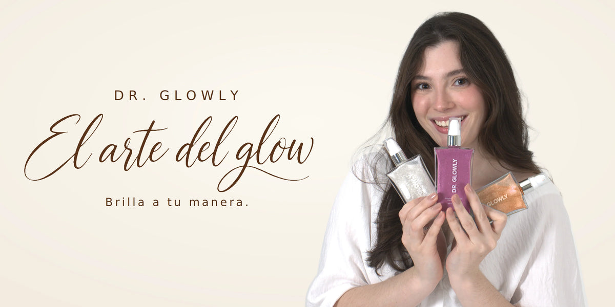 Dr. Glowly — El arte del glow. Modelo con shimmer perla, malva y bronce.