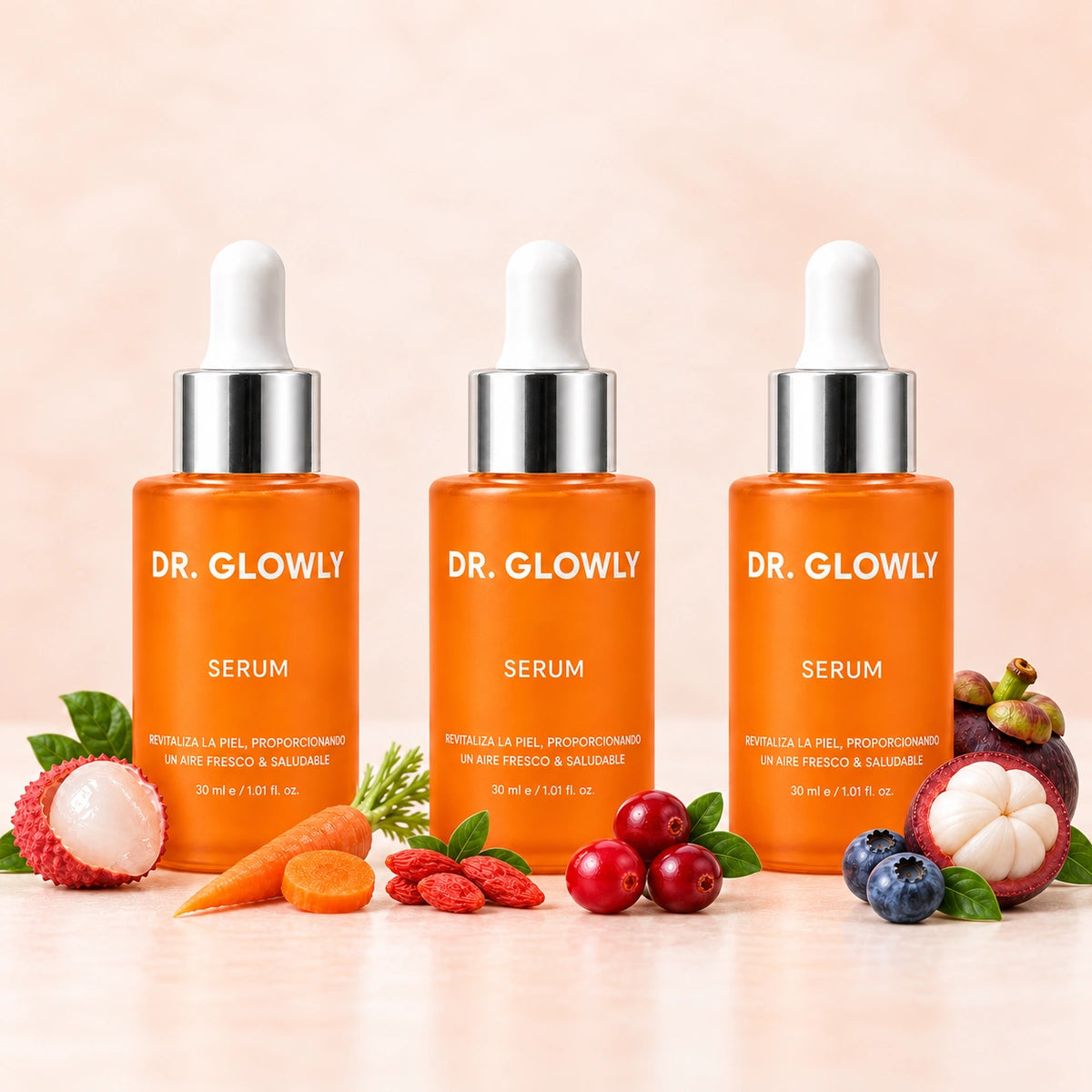 Kit Dr. Glowly con tres sérums de 30 ml: Zanahoria y Lychees, Goji y Arándano Rojo, Mangostino y Arándano Azul.