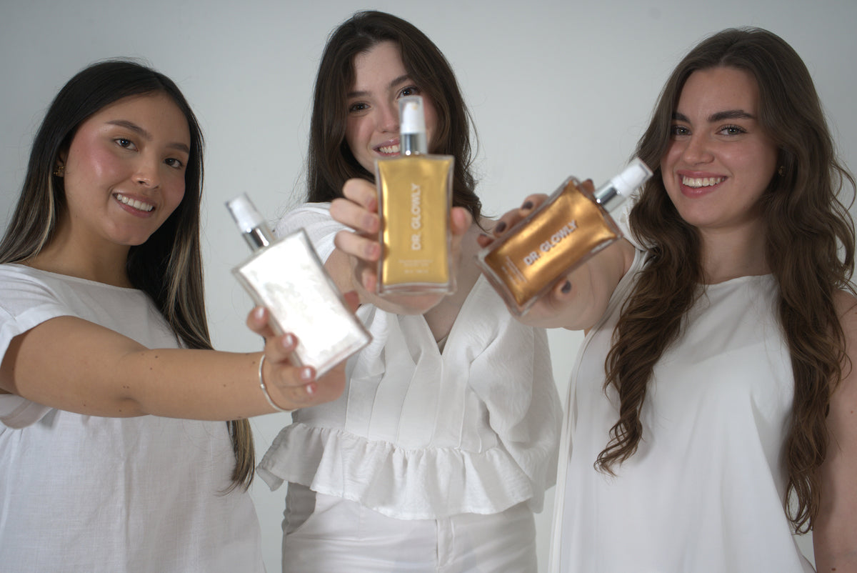 Modelos presentando los Shimmers Dr. Glowly — tonos perla, dorado y bronce